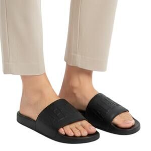 Valentino Black Embossed Logo Slip-On Sandals,IT43/US10